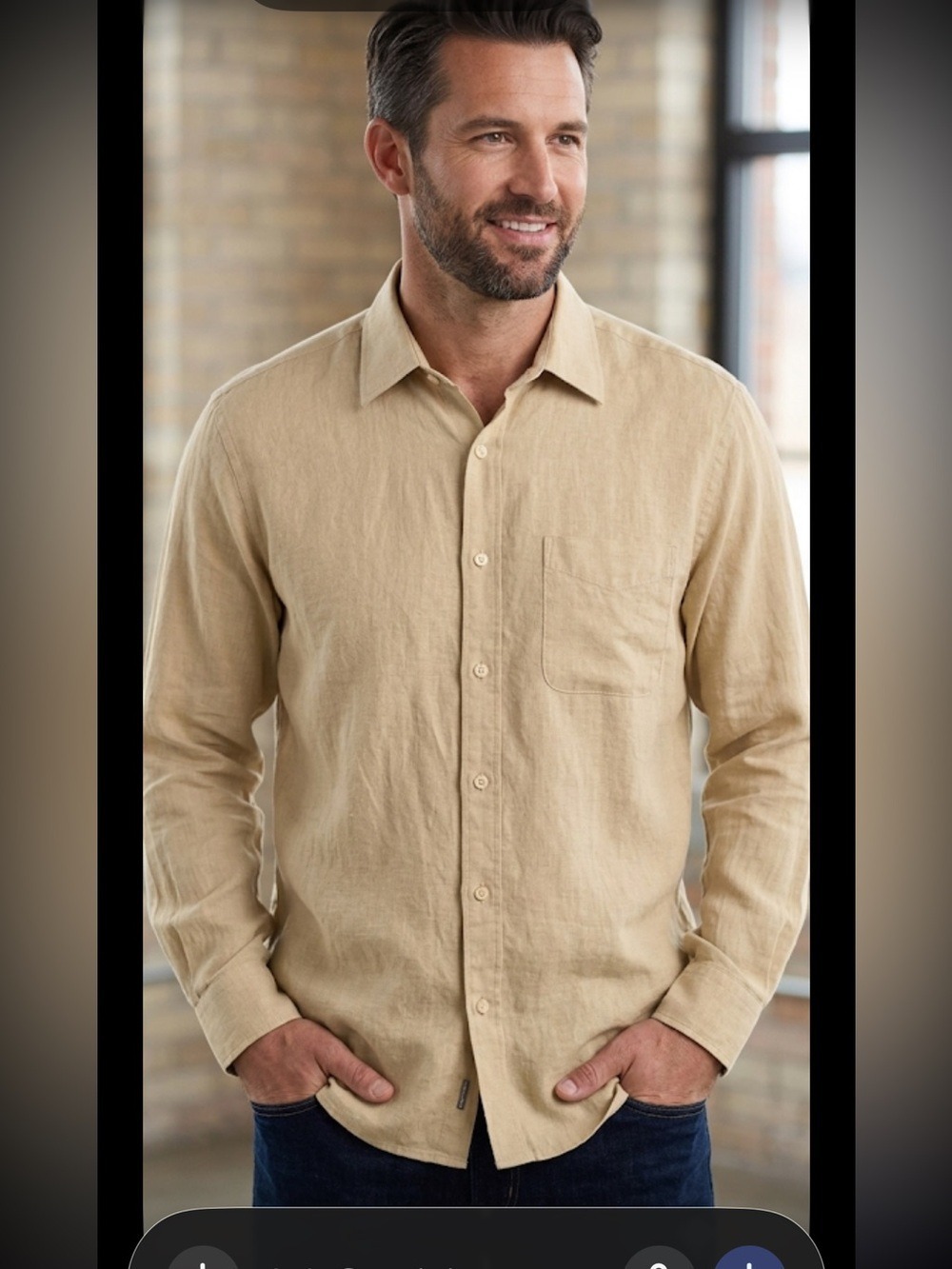 Grant Thomas Beige Linen Button-Down Shirt Relaxed Classic Large